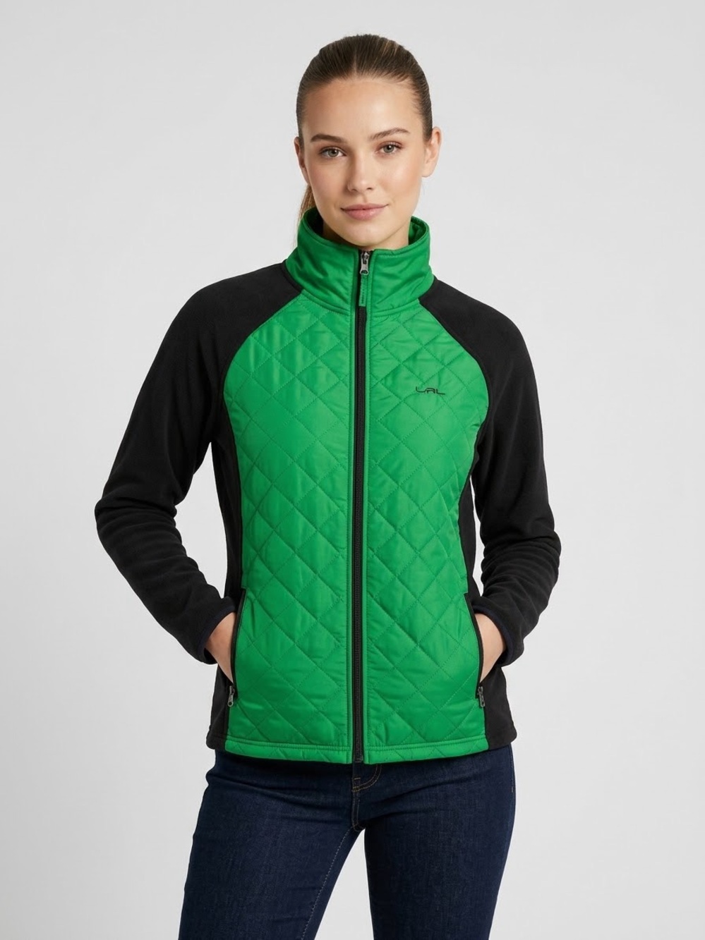 Lauren Active Ralph Lauren Quilted Fleece Hybrid Full Zip Jacket Stand Collar